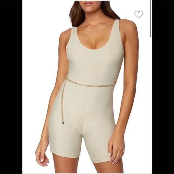Revolve WeWoreWhat Beige Chain Romper Unitard Belted Ribbed Khaki Bodysuit - Picture 2 of 12